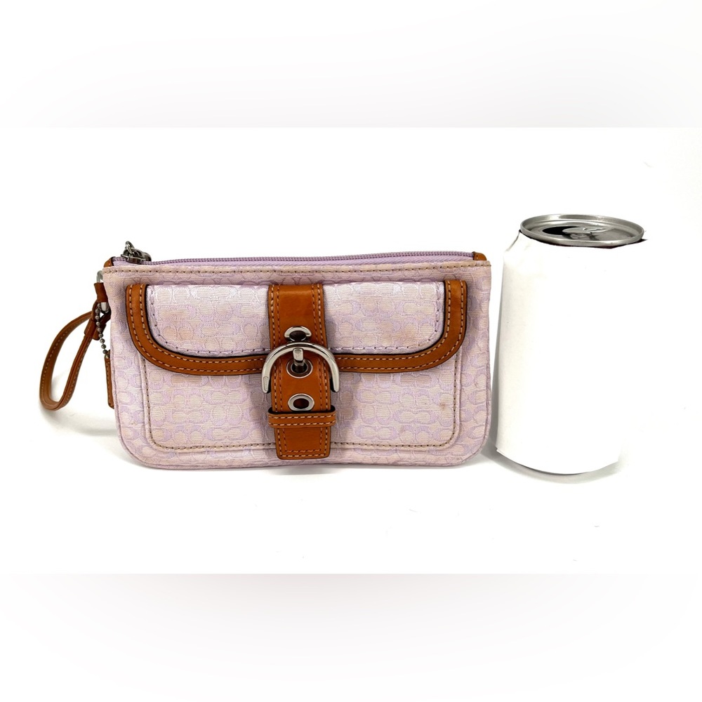 Coach Signature jacquard wristlet in pick canvas with tan leather trim